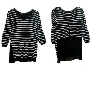 FEMME Open Knit Sheer Back Detail Striped Sweater Crew Lightweight Coastal Top M